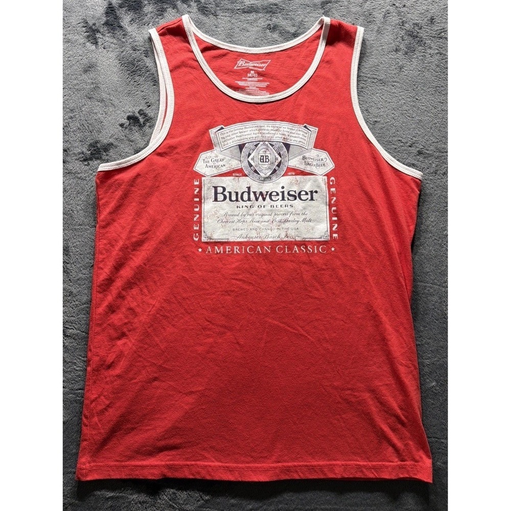 Budweiser Tank Top Shirt. Red Sleeveless King of Beer Beach
